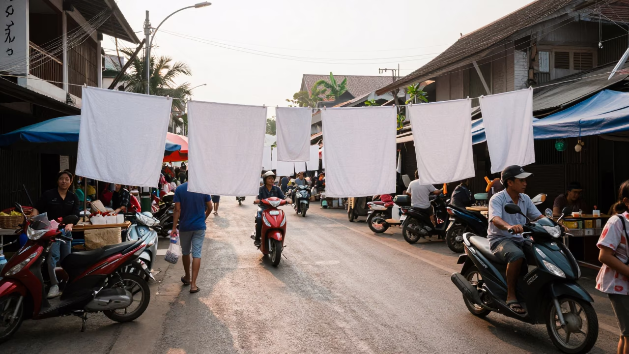 Busy Chiang Mai Morning Market Scene with Scooters and Drying Towels in Early Light in in Chiang Mai, Thailand