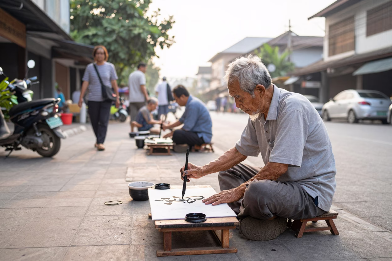 Busy Chiang Mai Morning Street Scene with Elderly Calligrapher and Tea Tray in in Chiang Mai, Thailand
