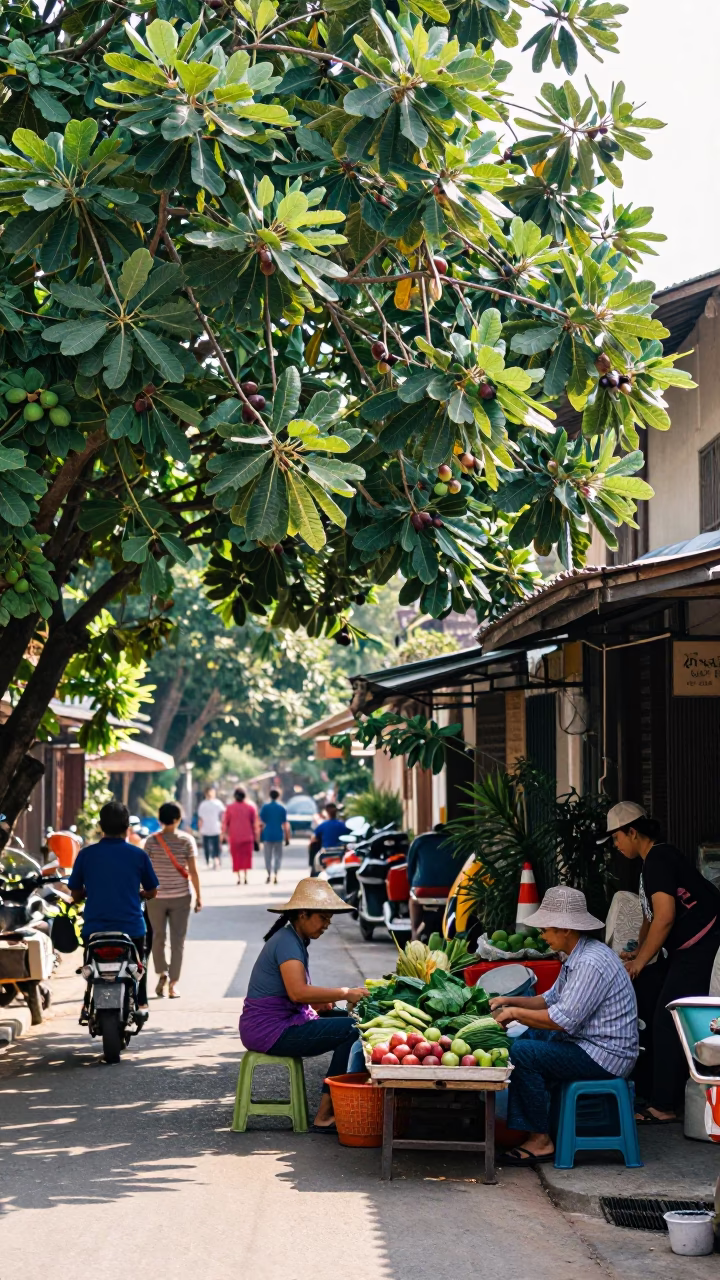 Busy Chiang Mai Morning Street Scene with Fig Tree and Local Vendor in in Chiang Mai, Thailand