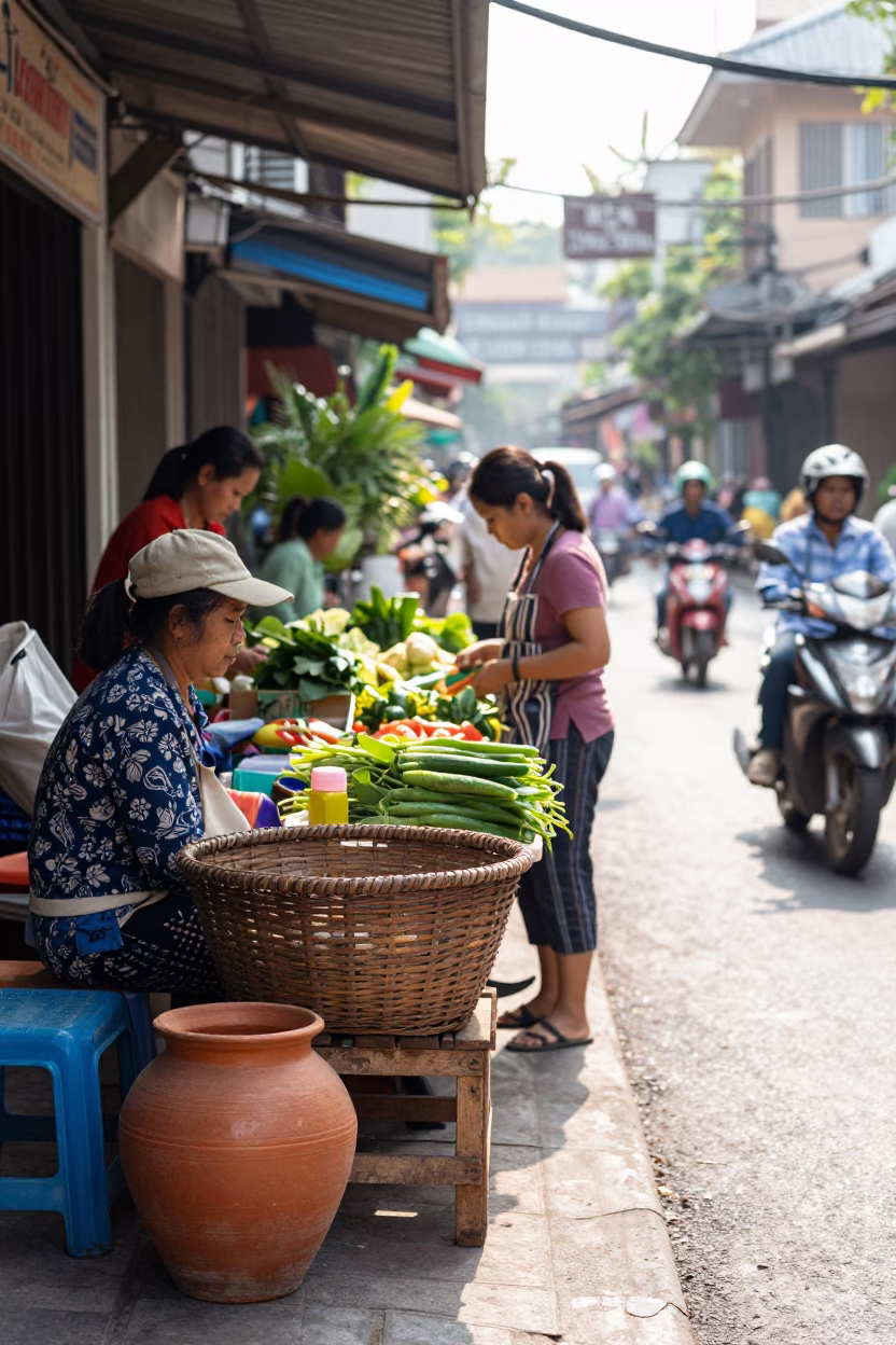 Busy Chiang Mai Morning Street Scene with Terracotta Pot and Wicker Basket in in Chiang Mai, Thailand