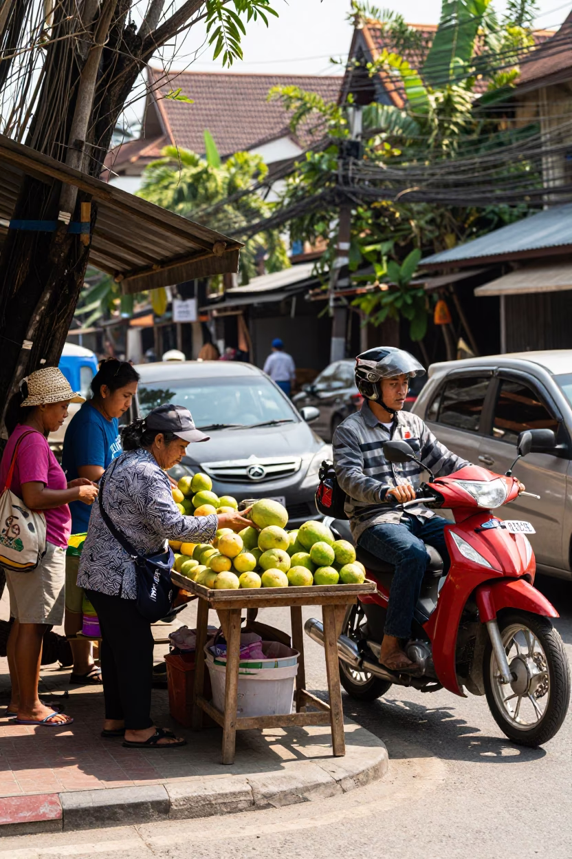 Busy Chiang Mai Street Corner with Motorbike and Local Vendor in Bright Midmorning Light in in Chiang Mai, Thailand