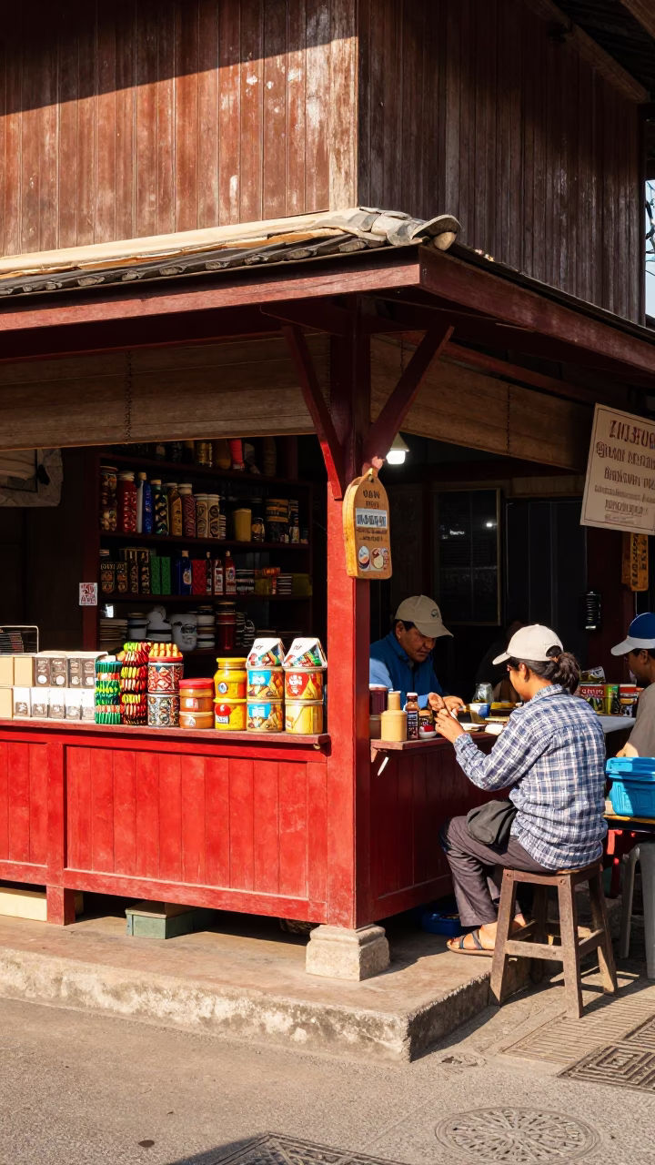 Busy Chiang Mai street corner with red lacquered wood and small dog in in Chiang Mai, Thailand