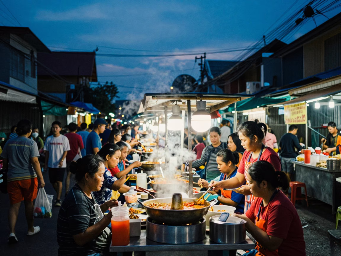 Busy Chiang Mai Street Food Stall at Blue Hour with Local Diners in in Chiang Mai, Thailand