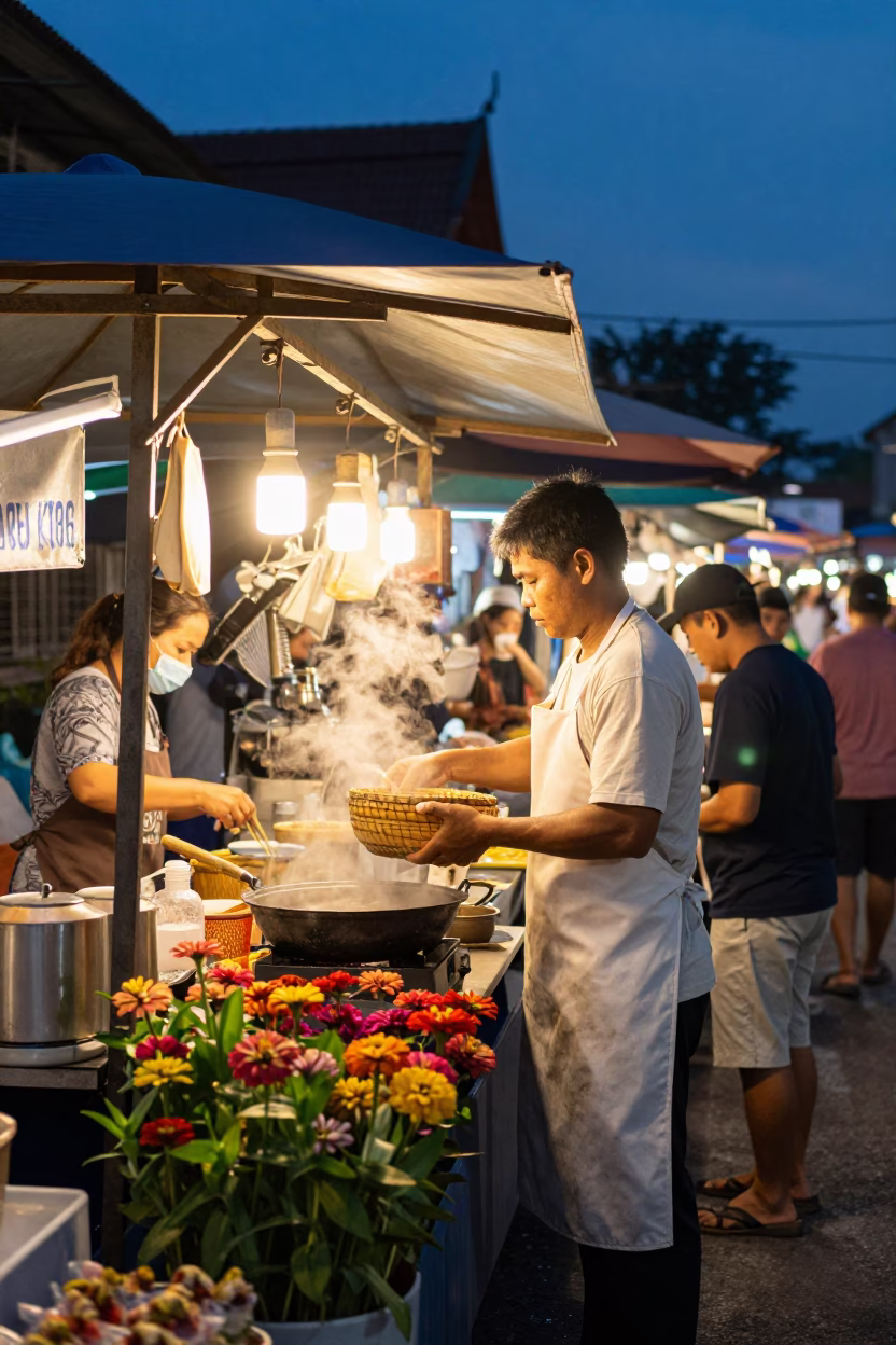 Busy Chiang Mai street food stall at blue hour with zinnias and hot dumplings in in Chiang Mai, Thailand