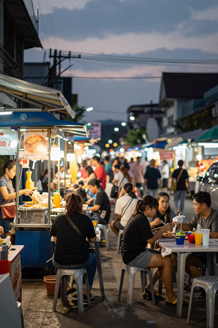 Busy Chiang Mai Street Food Stall at Dusk with Metal Stools and Local Diners in in Chiang Mai, Thailand