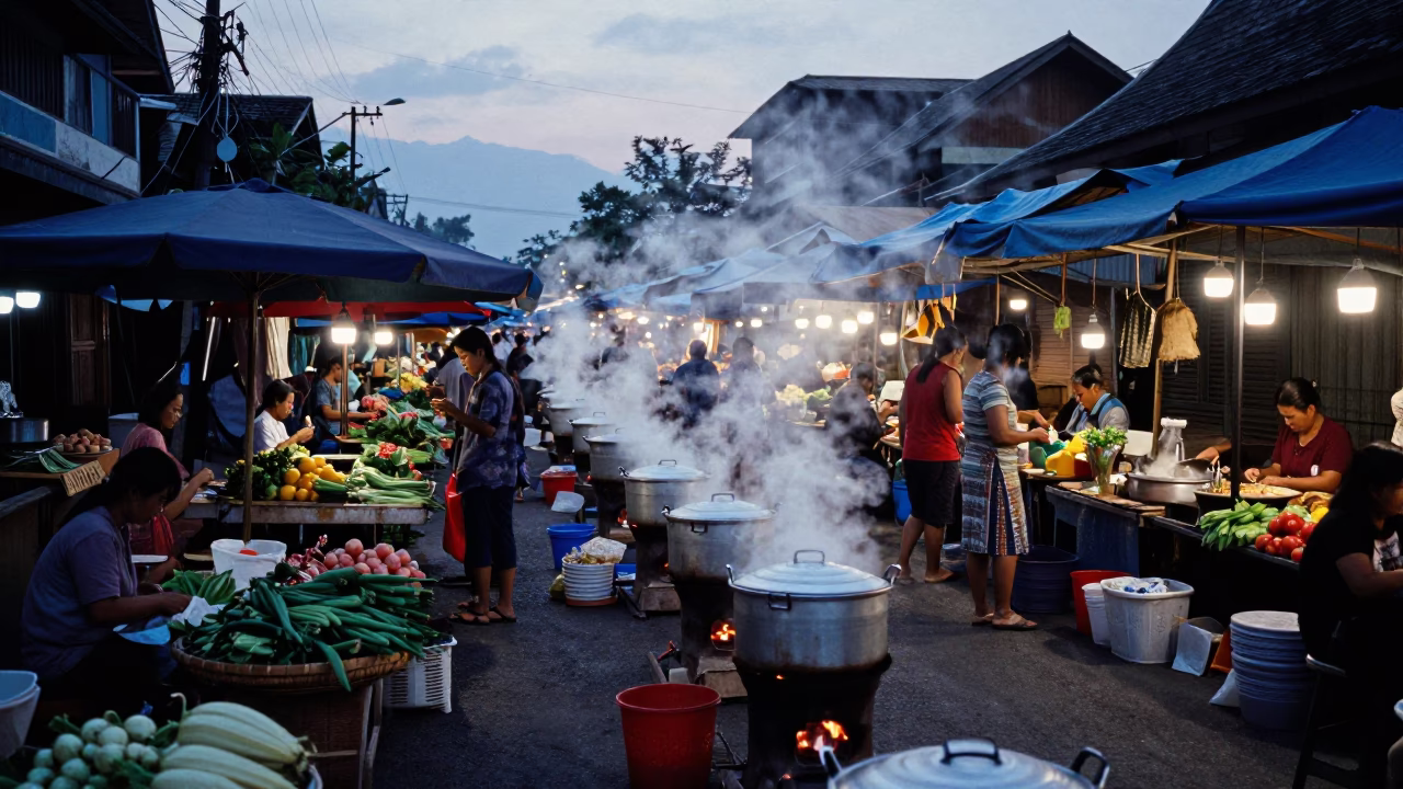 Busy Chiang Mai street market at nautical dawn with steam and local commerce in in Chiang Mai, Thailand