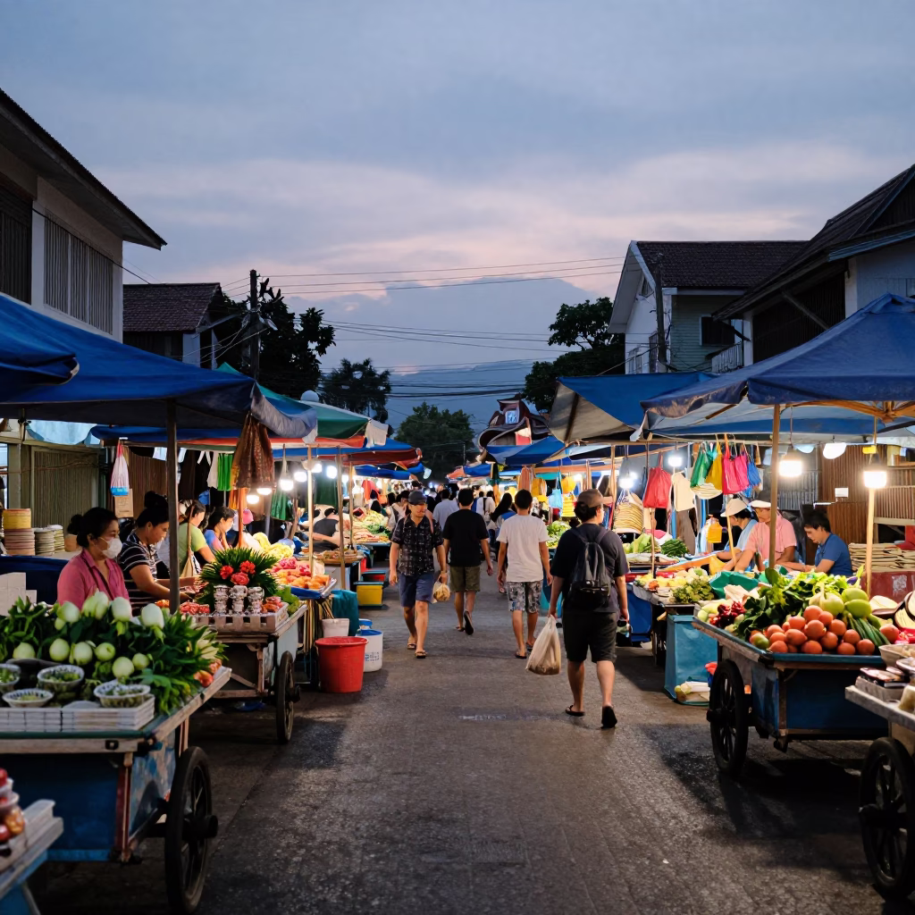 Busy Chiang Mai Street Market at Nautical Dawn with Vintage Bicycle and Local Commerce in in Chiang Mai, Thailand