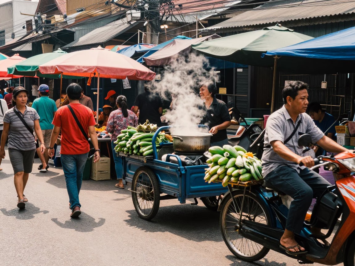Busy Chiang Mai Street Market Midday Scene with Local Vendors and Pedestrians in in Chiang Mai, Thailand