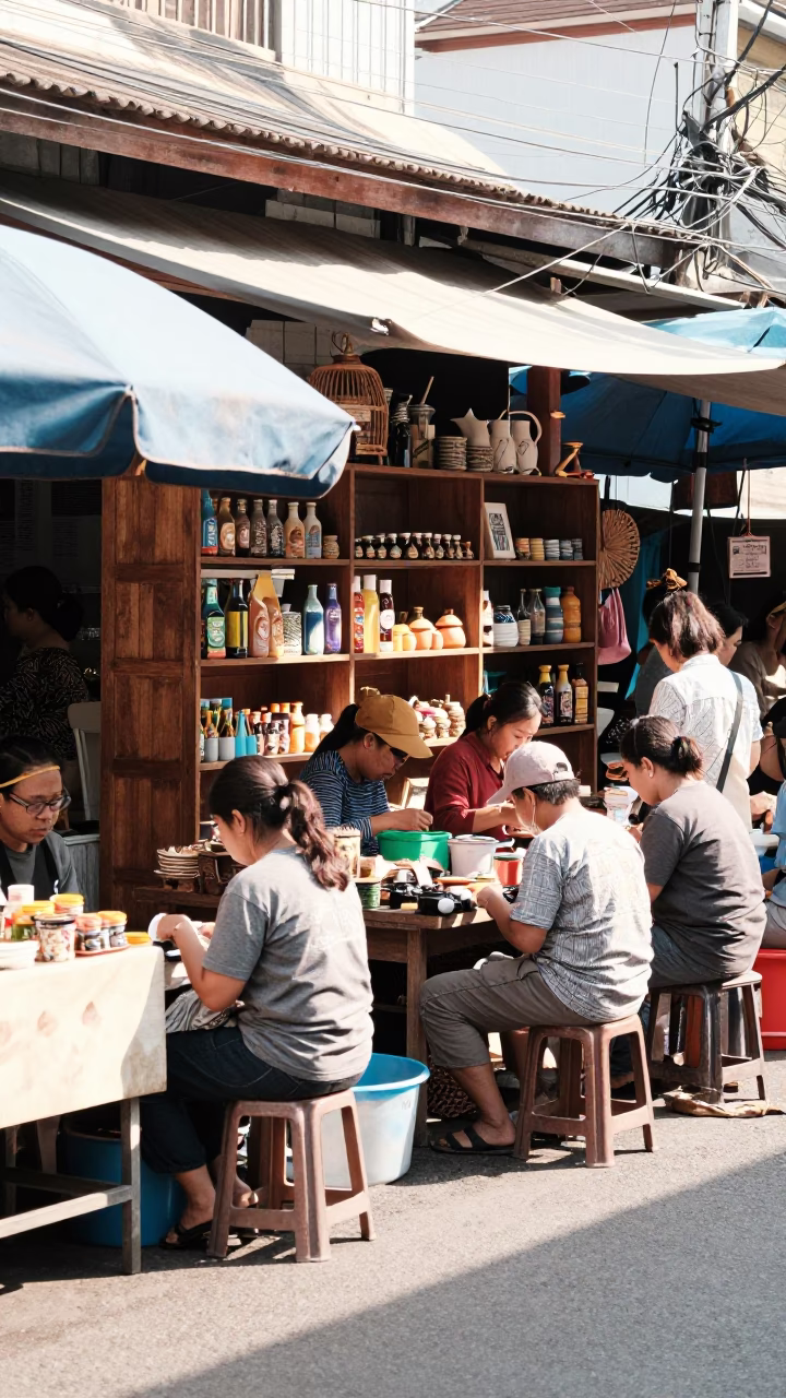 Busy Chiang Mai Street Market Midmorning with Wooden Shelves and Local Vendors in in Chiang Mai, Thailand