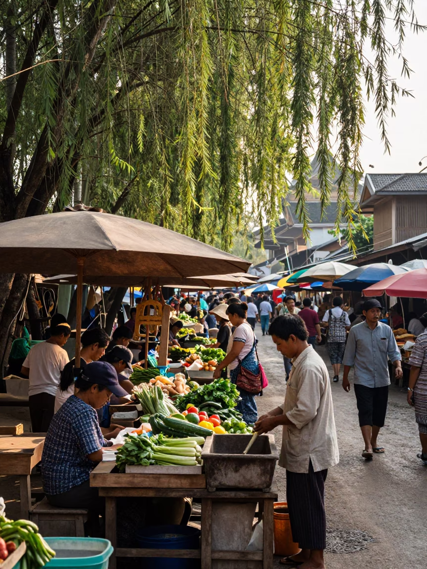 Busy Chiang Mai Street Market Morning with Wooden Stall and Local Vendors in in Chiang Mai, Thailand
