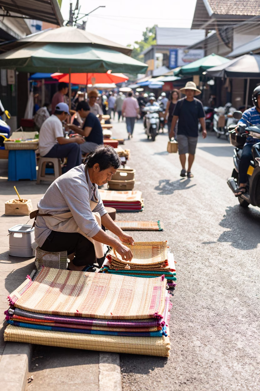 Busy Chiang Mai Street Market Morning with Woven Mats and Local Vendors in in Chiang Mai, Thailand