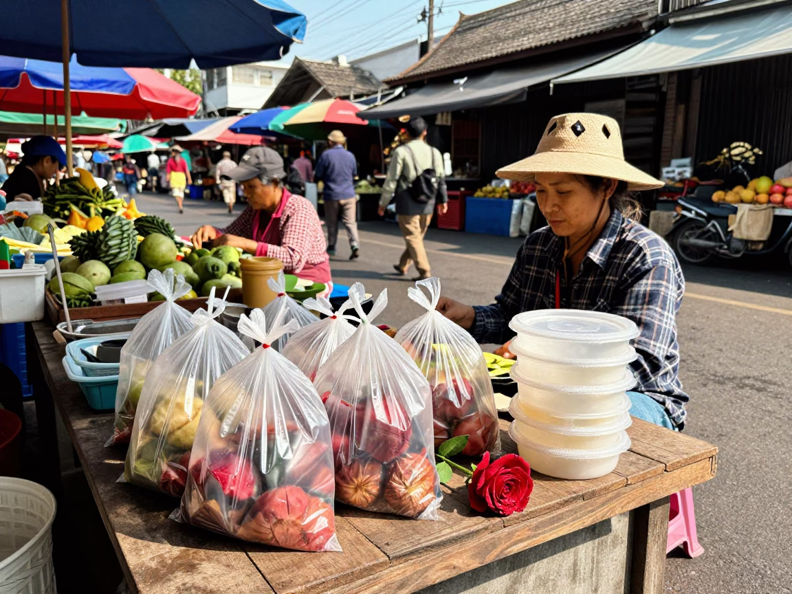 Busy Chiang Mai Street Market Scene with Fruit Vendor and Telecommunications Mast at Midday in in Chiang Mai, Thailand