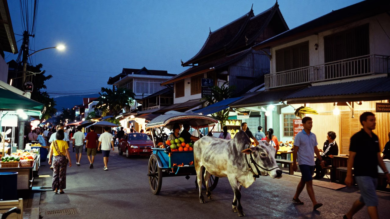 Busy Chiang Mai Street Scene at Blue Hour with Ox Cart and Papaya Tree in in Chiang Mai, Thailand