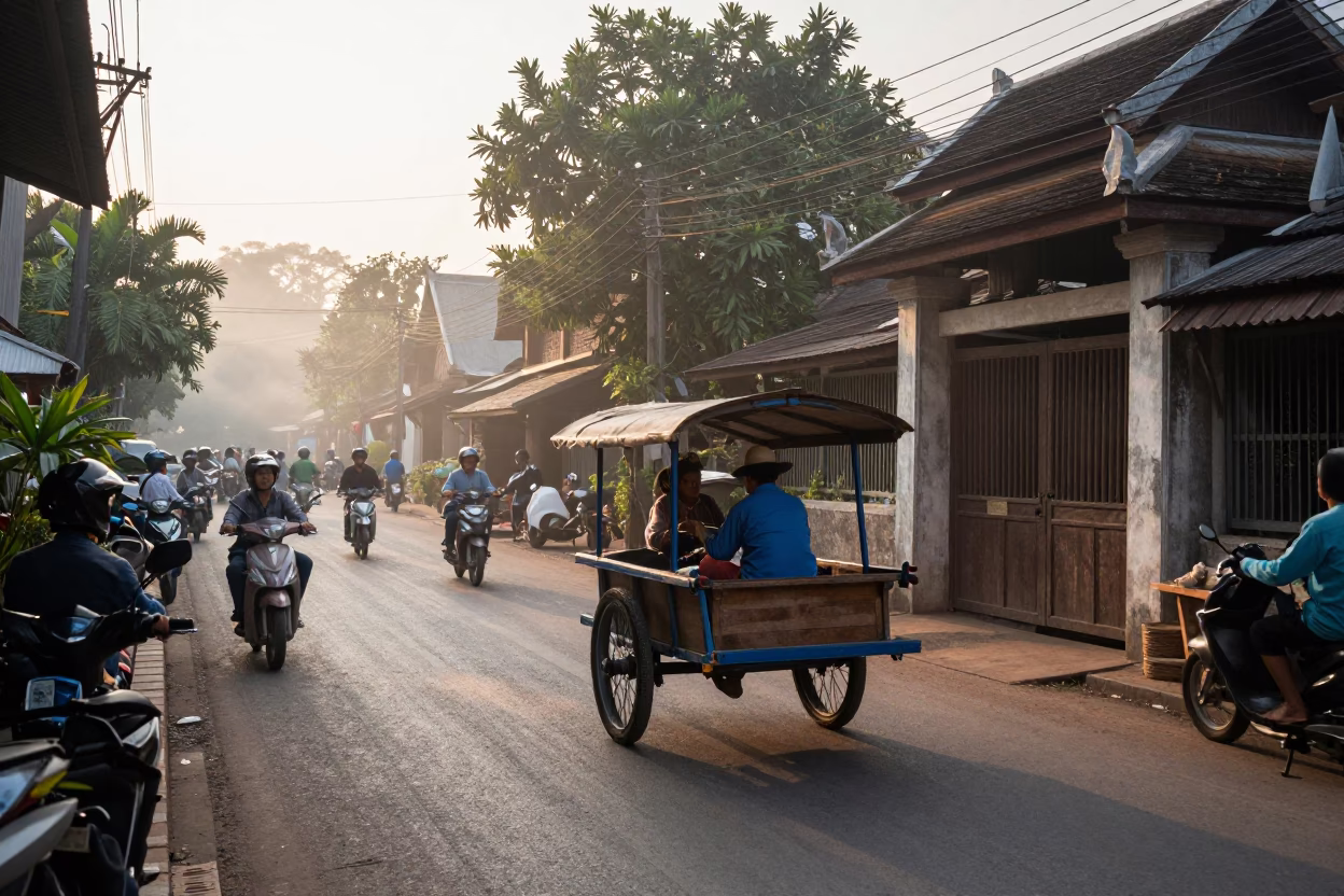 Busy Chiang Mai Street Scene at Dawn with Wooden Cart and Mortar in in Chiang Mai, Thailand
