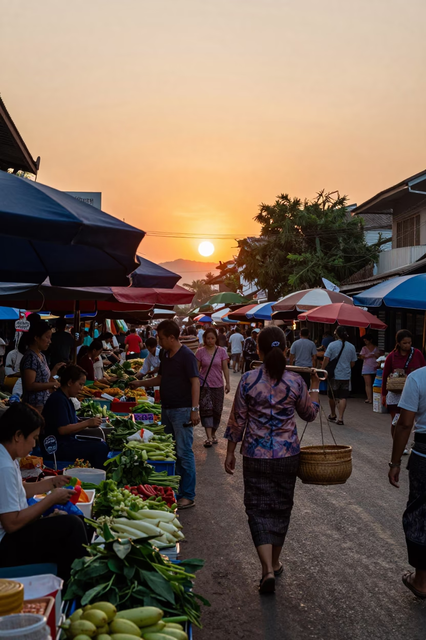 Busy Chiang Mai Street Scene at Sunset with Local Market Activity and Traditional Elements in in Chiang Mai, Thailand