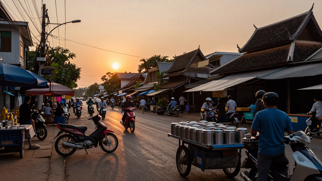 Busy Chiang Mai street scene at sunset with vendors and canisters in in Chiang Mai, Thailand