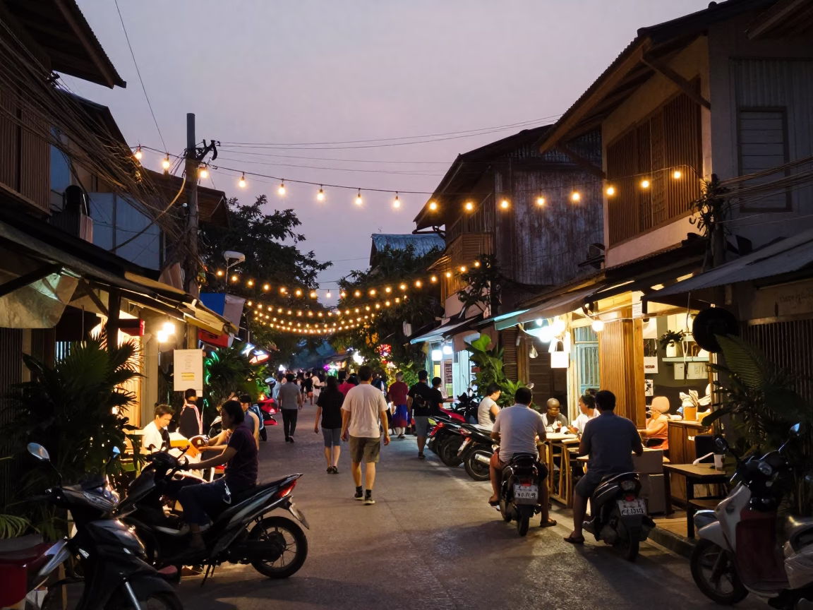 Busy Chiang Mai Street Scene Before Dawn with String Lights and Morning Market Activity in in Chiang Mai, Thailand