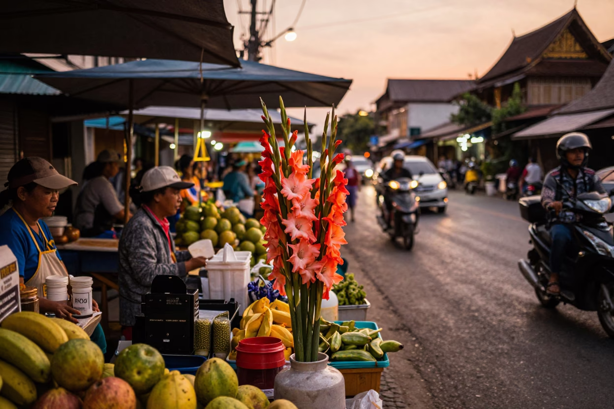 Busy Chiang Mai Street Scene Before Dusk with Gladiolus Spike and Brushed Steel Stool in in Chiang Mai, Thailand
