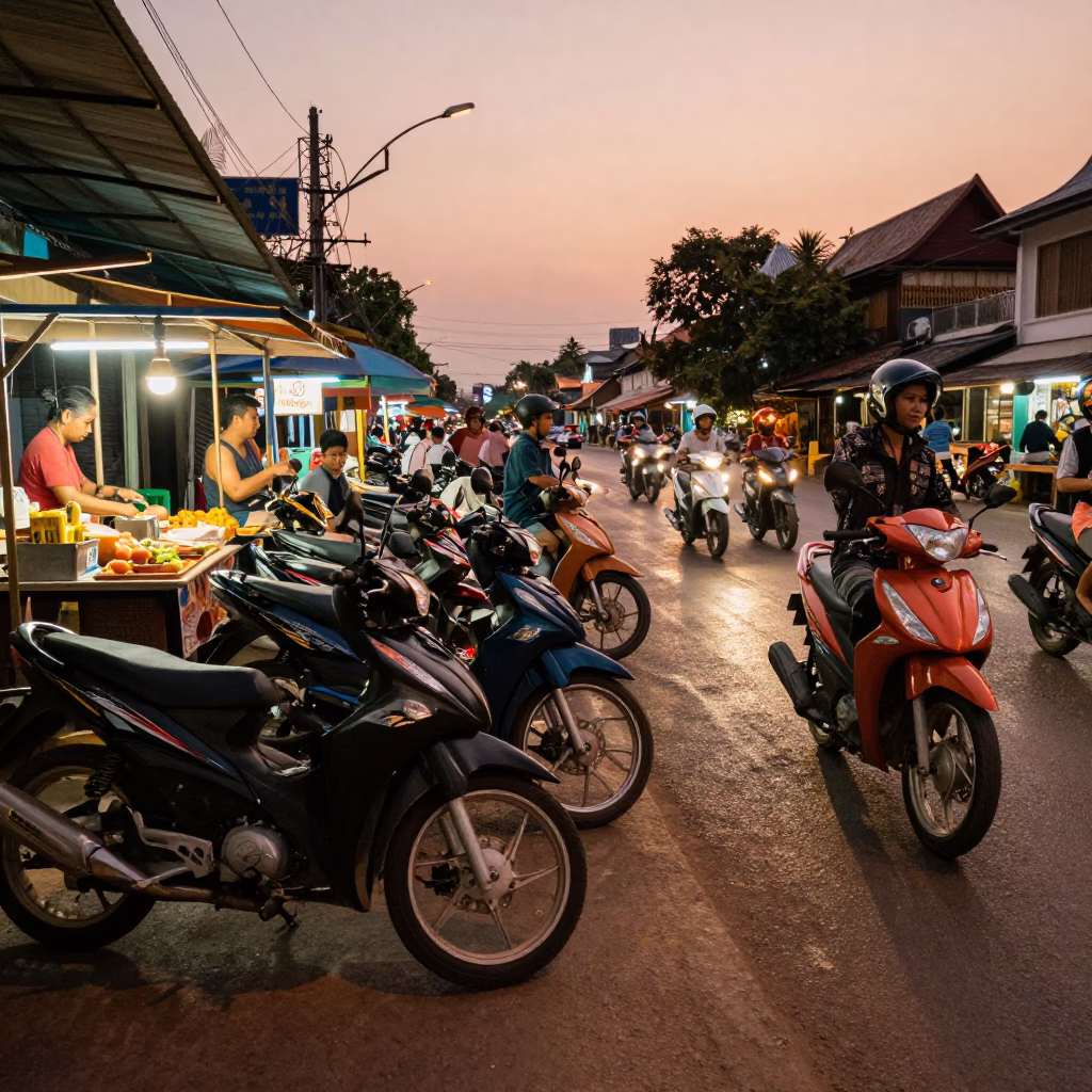 Busy Chiang Mai Street Scene Before Dusk with Motorcycles and Local Life in in Chiang Mai, Thailand