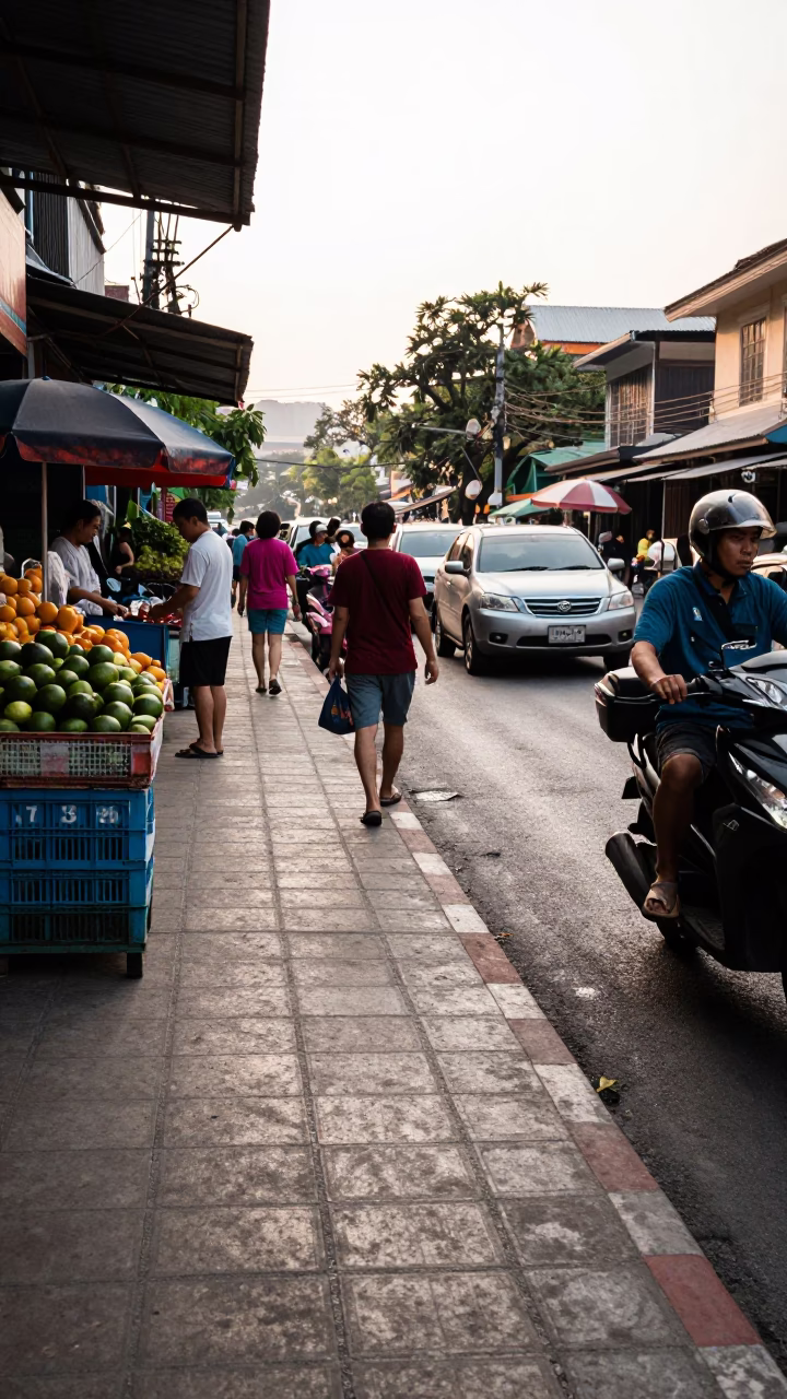 Busy Chiang Mai Street Scene Early Afternoon with Avocados and Local Market Activity in in Chiang Mai, Thailand