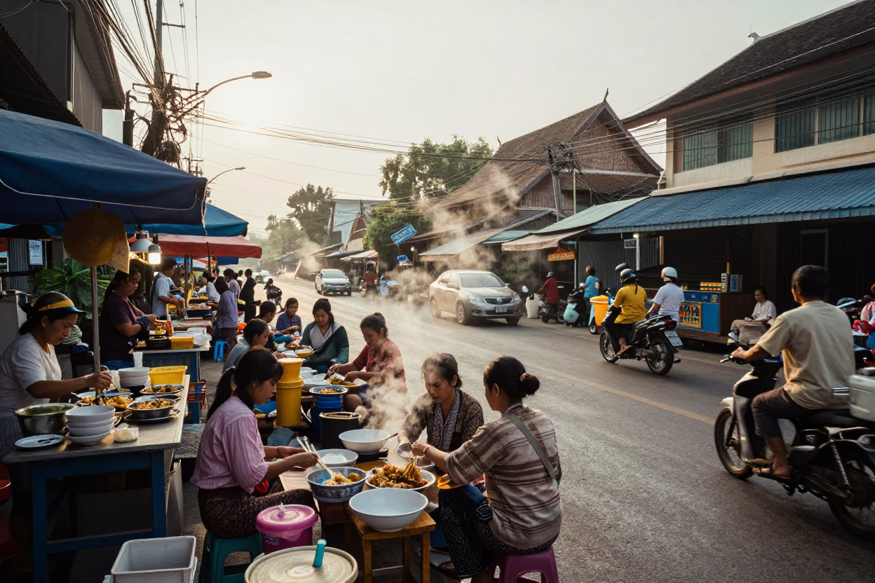 Busy Chiang Mai Street Scene Early Morning with Local Food Vendor and Vintage Details in in Chiang Mai, Thailand