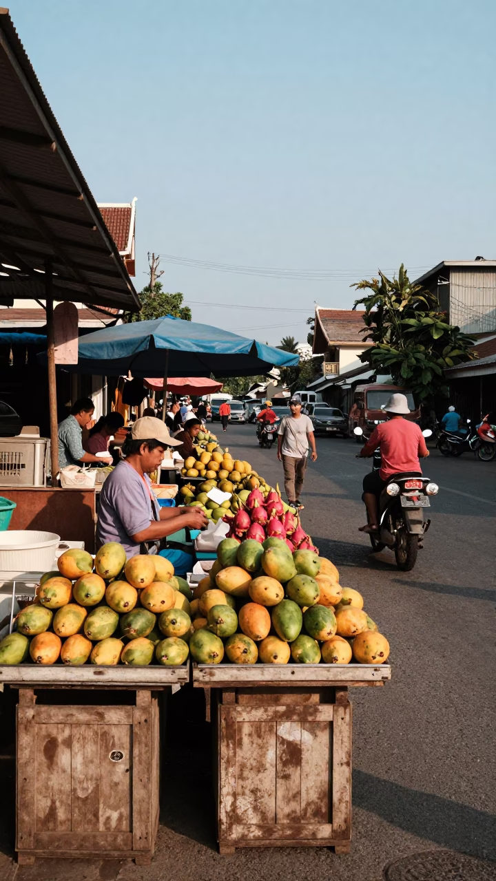 Busy Chiang Mai Street Scene Late Afternoon Light with Fruit Vendor and Commuter Traffic in in Chiang Mai, Thailand