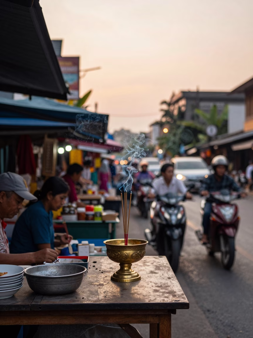 Busy Chiang Mai Street Scene Late Afternoon with Incense Holder and Bread Loaves in in Chiang Mai, Thailand