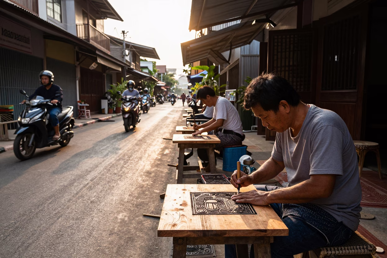 Busy Chiang Mai Street Scene Late Afternoon with Woodblock Printmaker Carving Plate in in Chiang Mai, Thailand