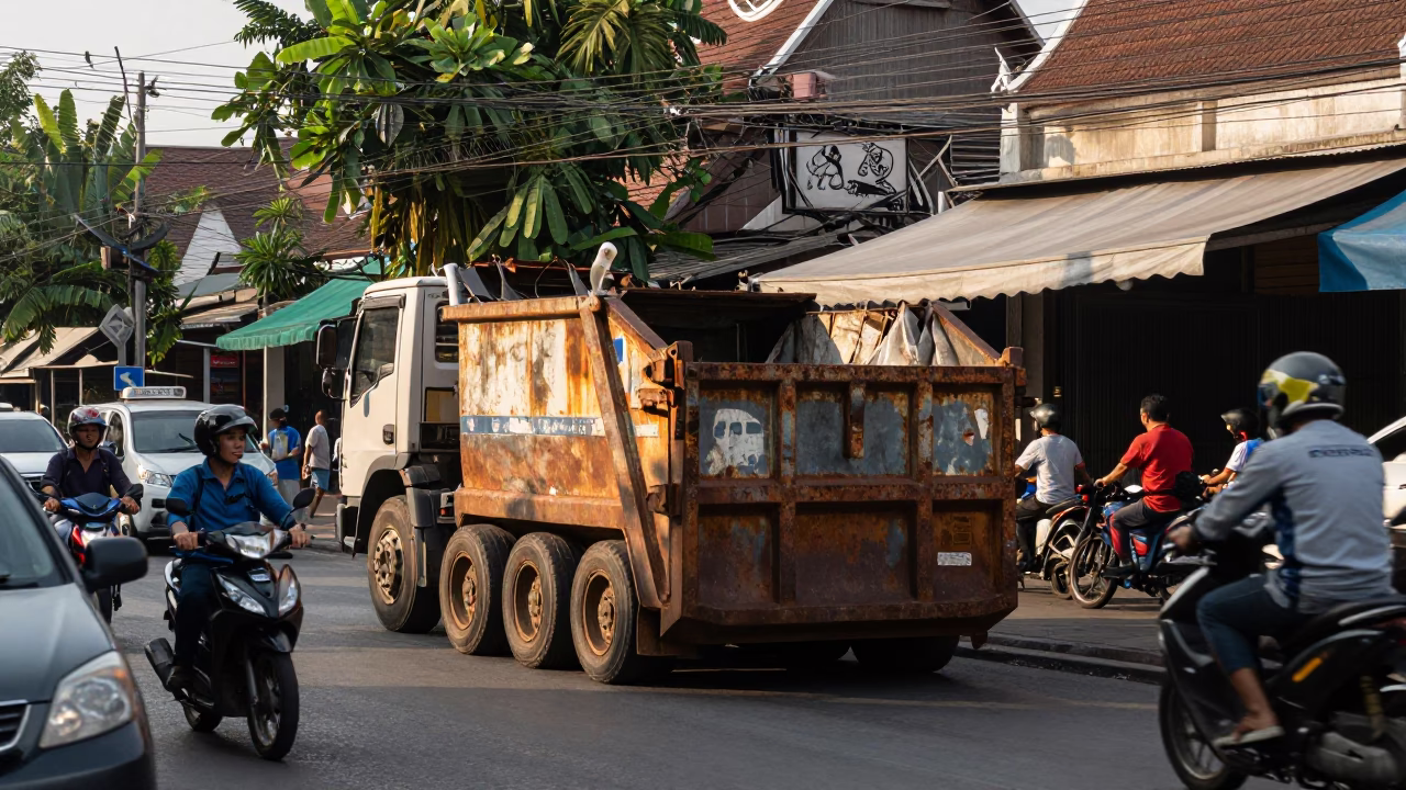 Busy Chiang Mai Street Scene Late Morning with Demolition Dumpster and Local Market Activity in in Chiang Mai, Thailand