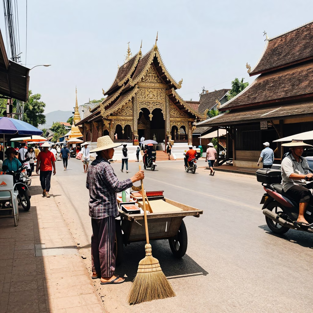 Busy Chiang Mai Street Scene Midday with Broom and Brush Near Temple in in Chiang Mai, Thailand