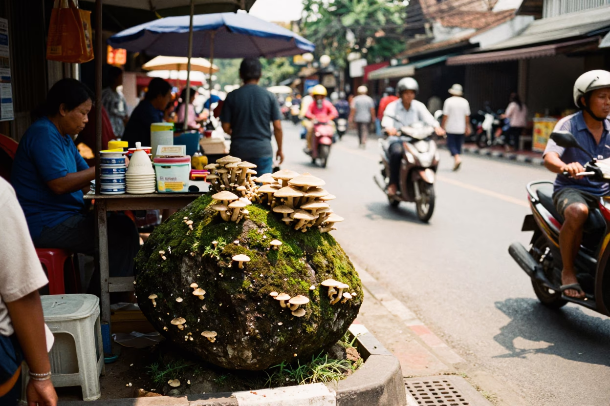 Busy Chiang Mai Street Scene Midday with Toadstool Colony on Mossy Boulder in in Chiang Mai, Thailand