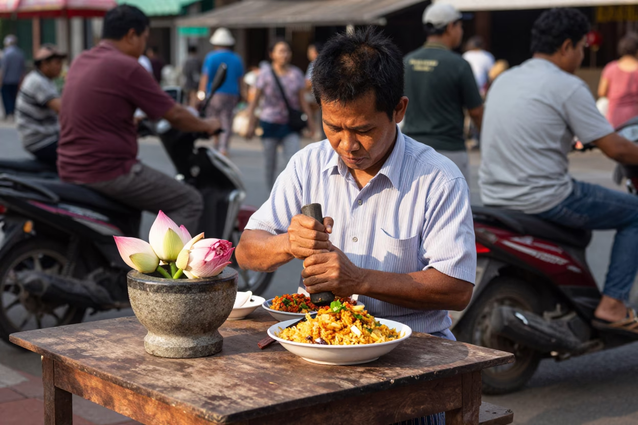 Busy Chiang Mai Street Scene with Lotus Bud and Mortar in Late Afternoon Light in in Chiang Mai, Thailand