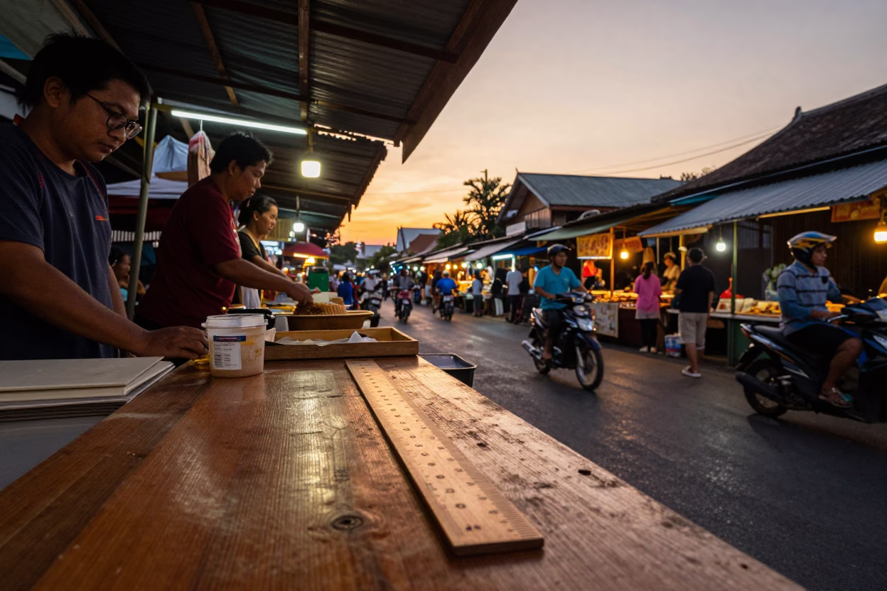 Busy Chiang Mai street stall at sunset with wooden ruler and dust in in Chiang Mai, Thailand