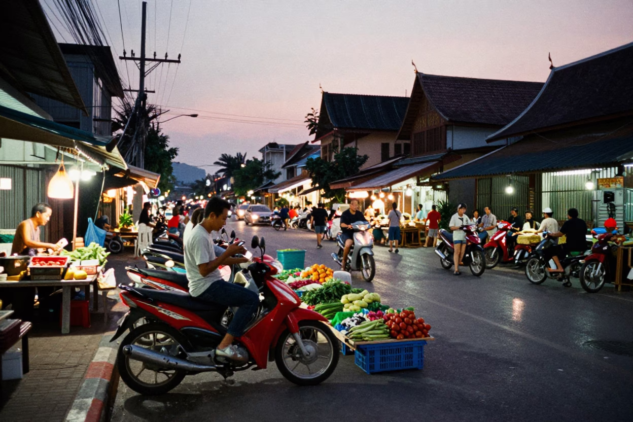 Busy Chiang Mai Thailand Twilight Street Scene with Motorcycles and Local Life in in Chiang Mai, Thailand