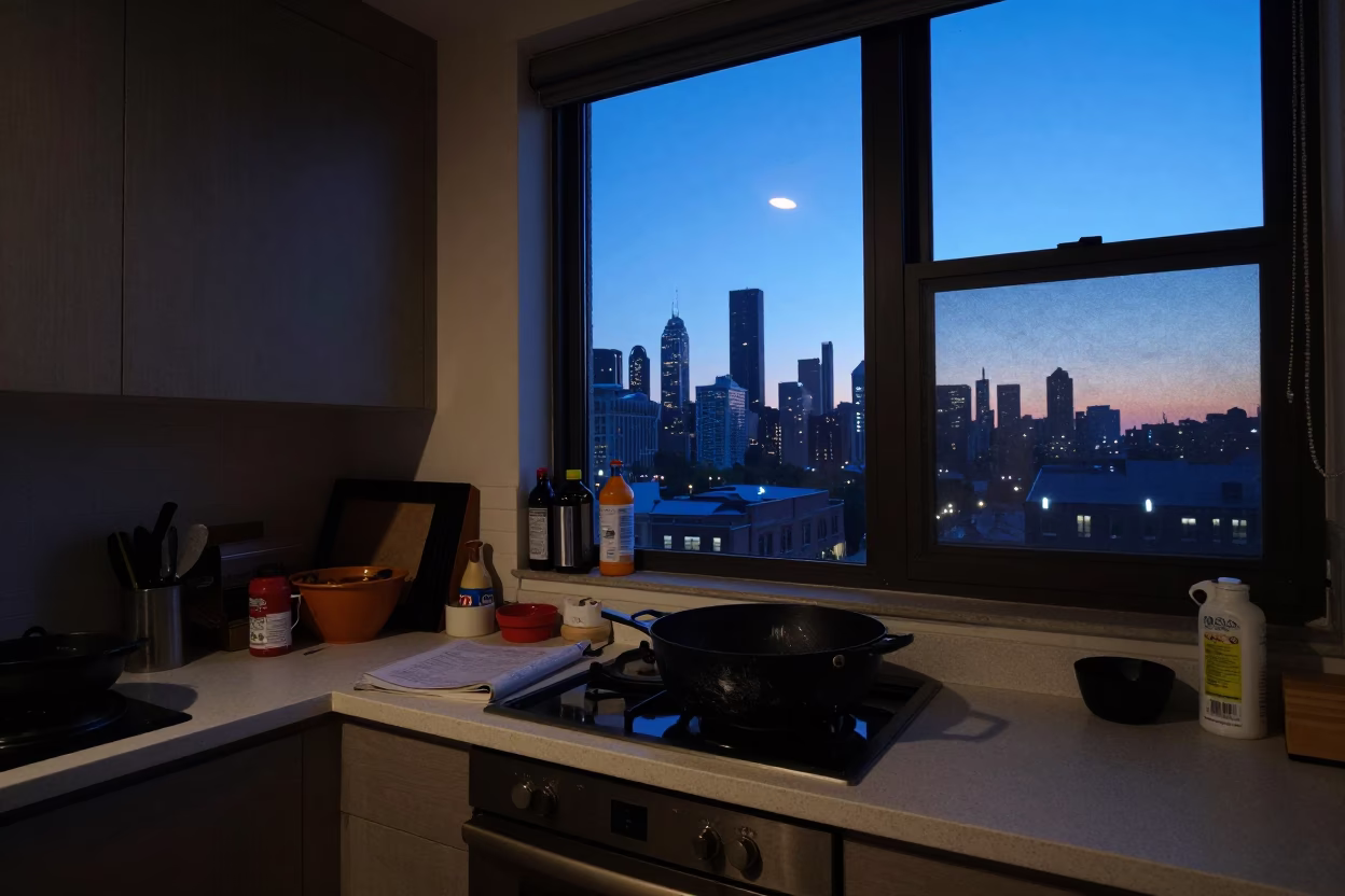 Busy Chicago Apartment Kitchen Indigo Twilight with Scratched Pot Lid and Drawer Pulls in in Chicago, Illinois, United States