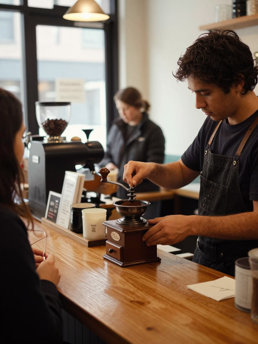 Busy Chicago Cafe Counter with Vintage Coffee Grinder and Daily Midday Life in in Chicago, Illinois, United States