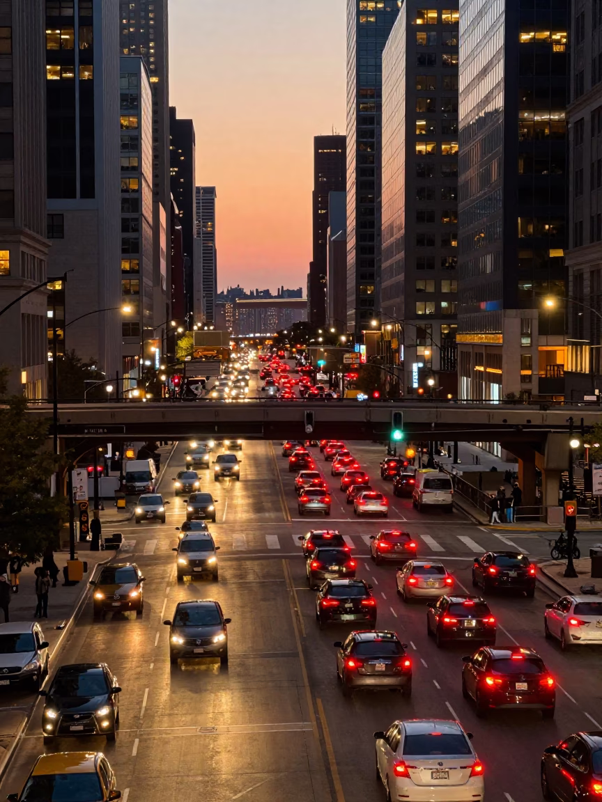 Busy Chicago Intersection at Dusk with Overpass Taillight Streaks and City Street Life in in Chicago, Illinois, United States