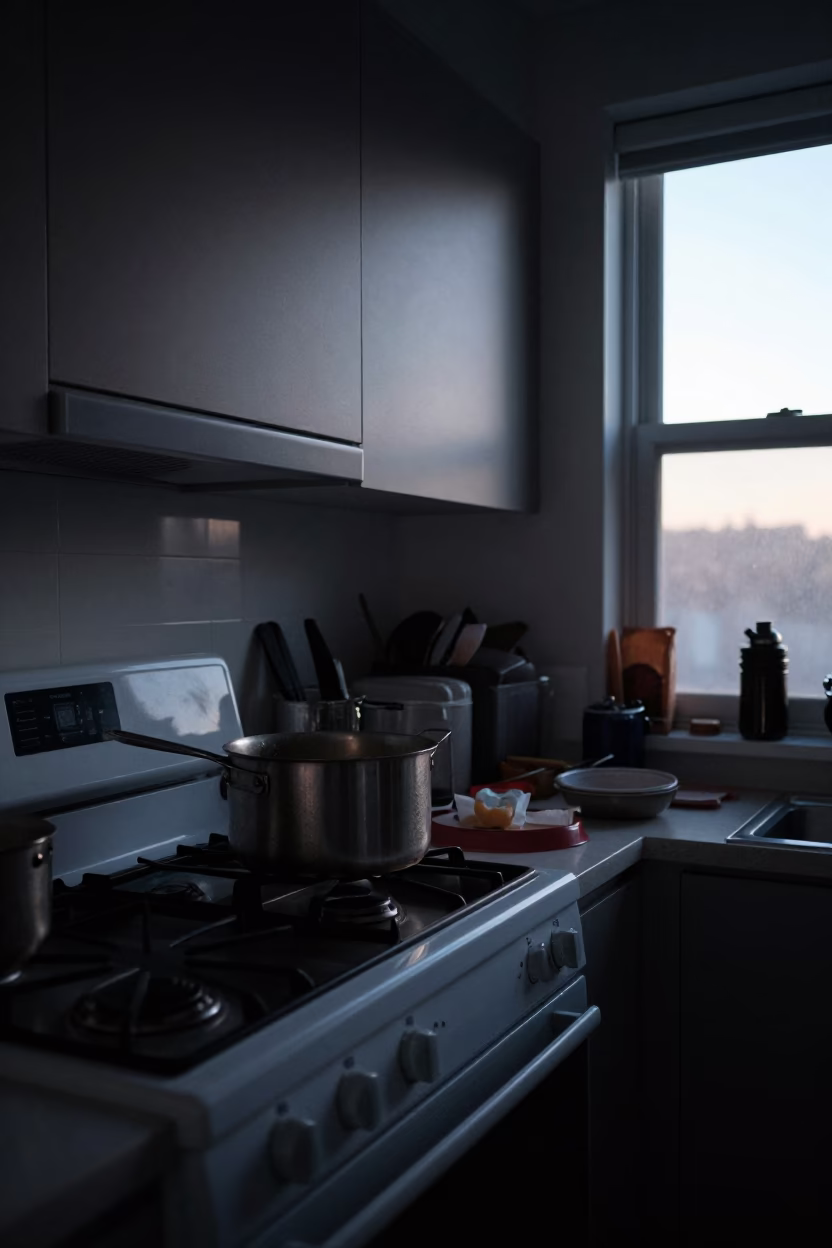 Busy Chicago Kitchen Before Dawn with Cooking Pot and Bananas in in Chicago, Illinois, United States