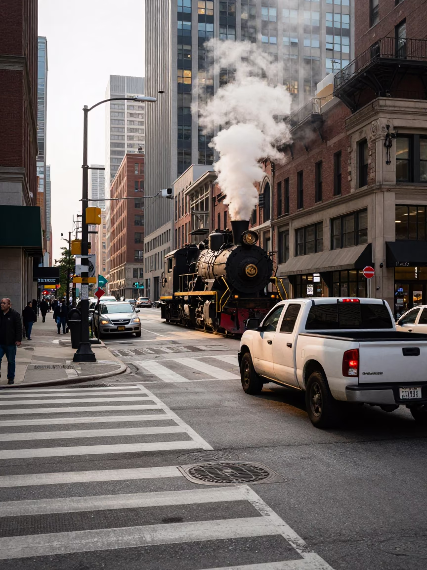 Busy Chicago Late Morning Street Scene with Steam Locomotive Crossing Bridge in in Chicago, Illinois, United States