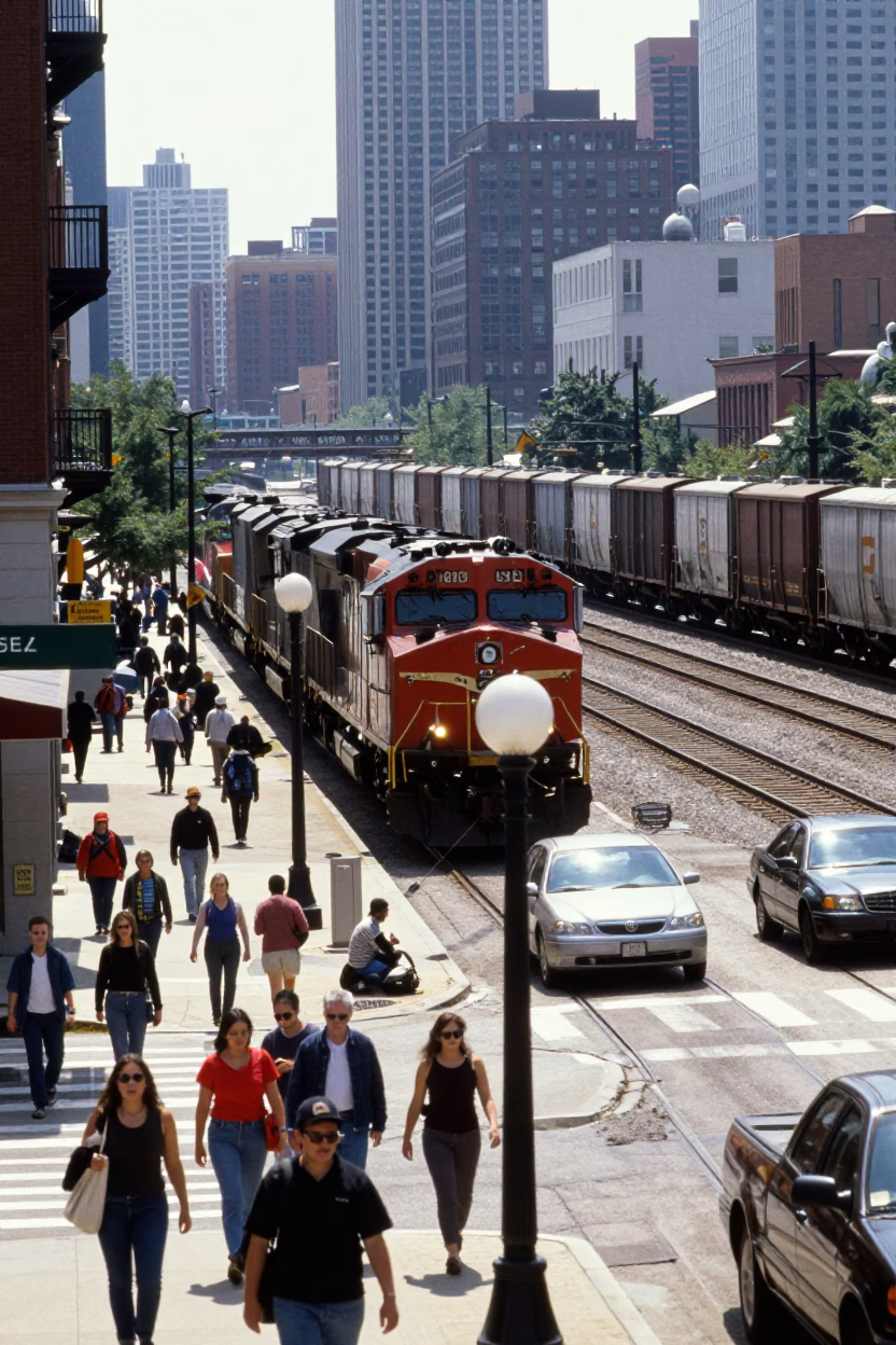 Busy Chicago Midday Street Scene with Freight Train and Iron Hook in in Chicago, Illinois, United States