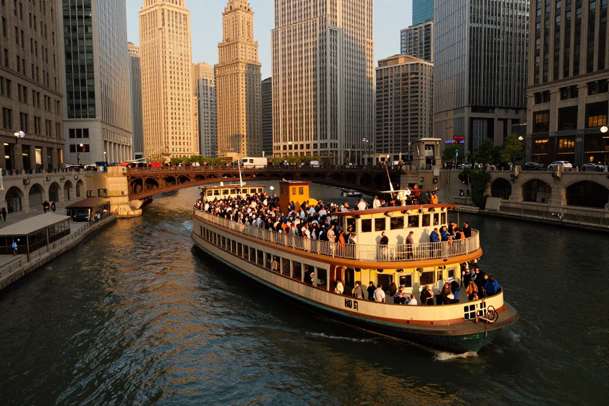 Busy Chicago River Ferry Crossing at Golden Hour with Passenger Details in in Chicago, Illinois, United States