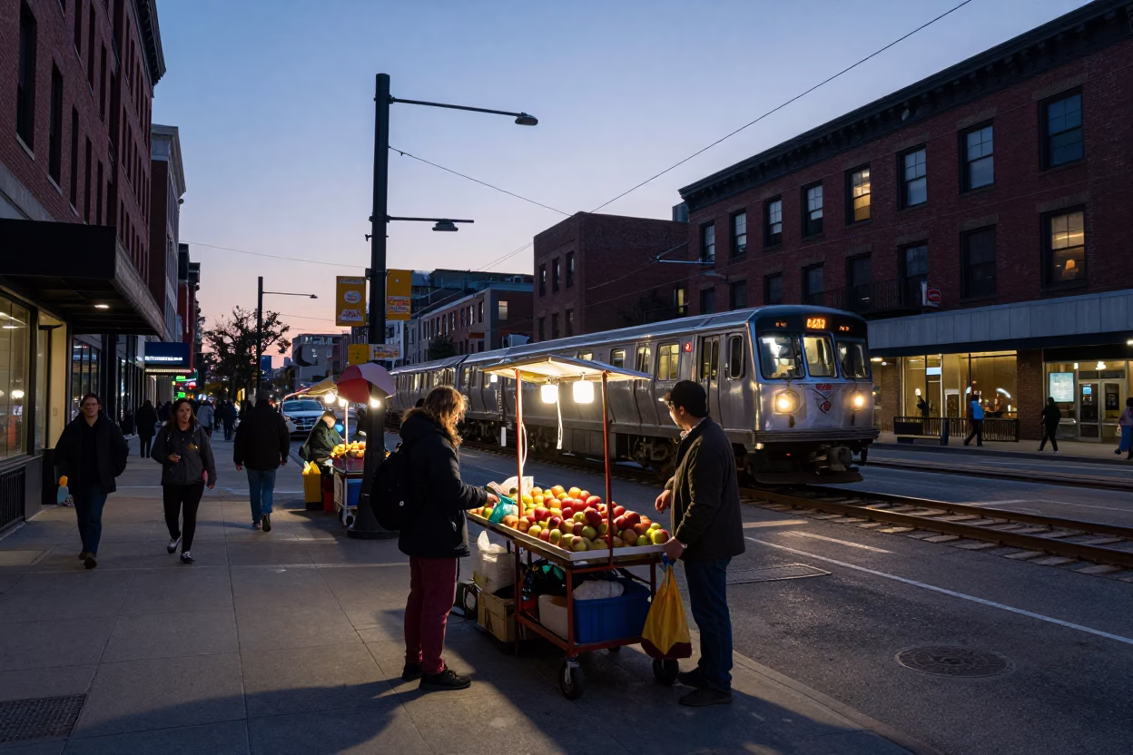 Busy Chicago Street Corner at Dusk with Apples and Bottles on Vendor Cart in in Chicago, Illinois, United States