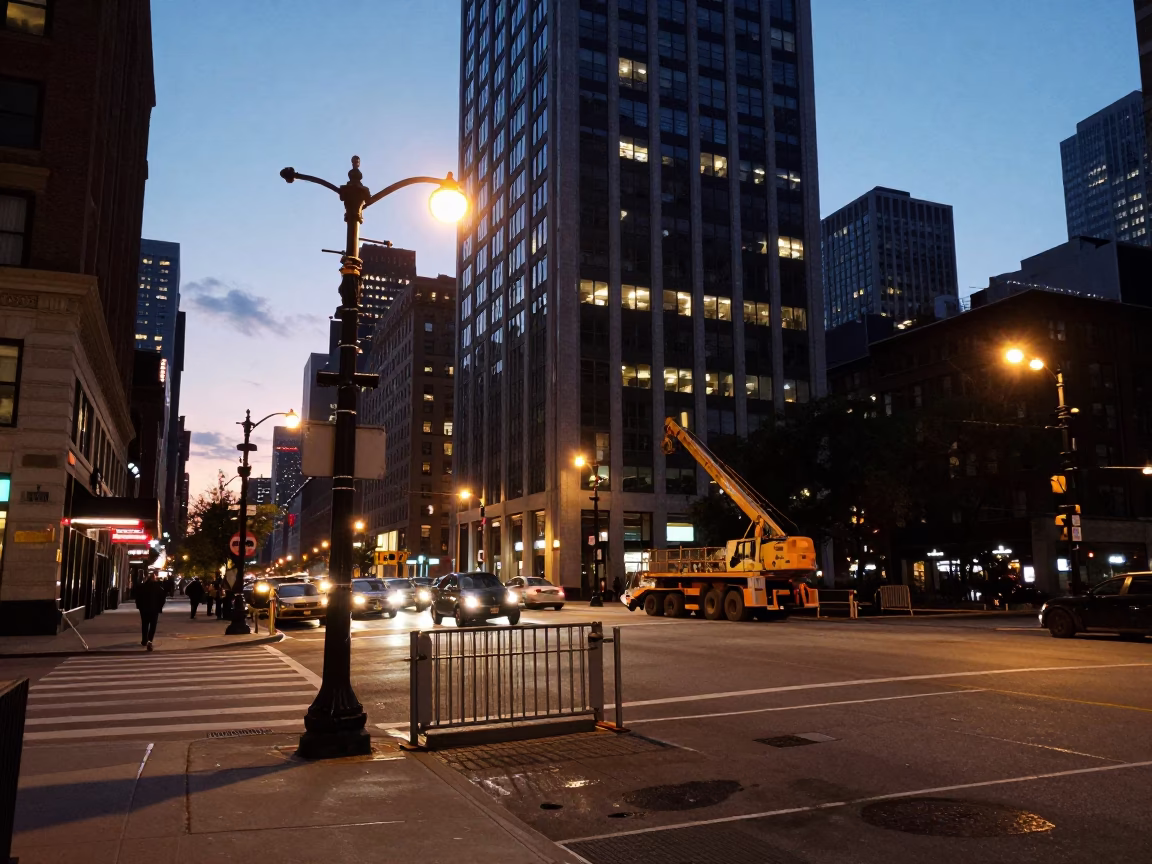 Busy Chicago Street Corner at Dusk with Construction Elevator and Urban Life in in Chicago, Illinois, United States