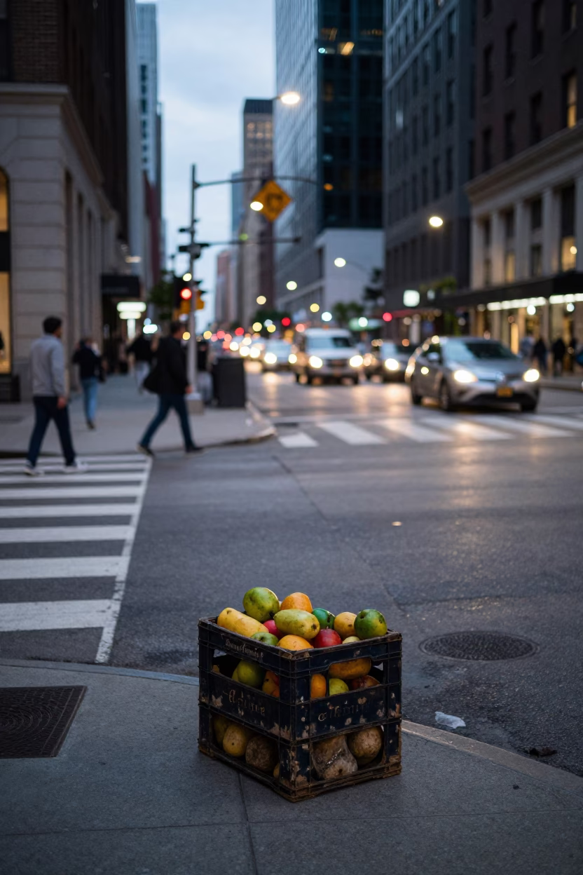 Busy Chicago Street Corner at Dusk with Fruit Crate and Lockbox in Urban Setting in in Chicago, Illinois, United States