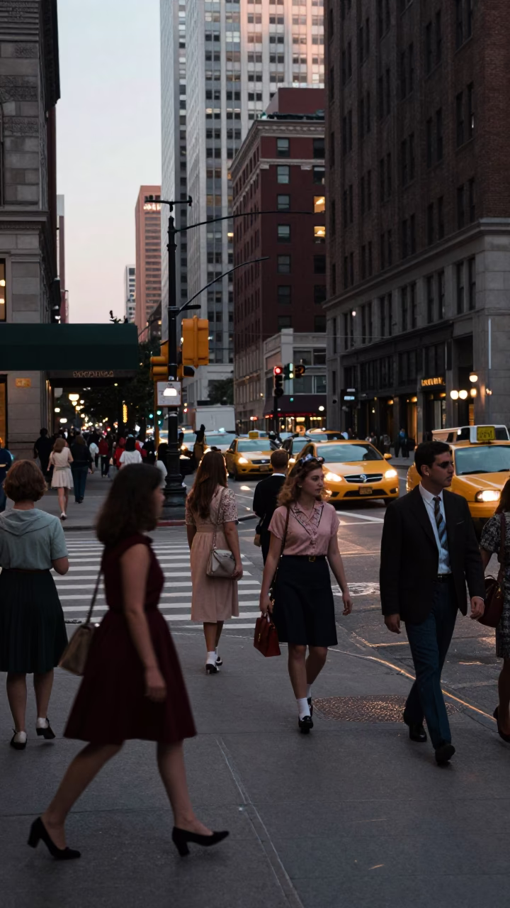 Busy Chicago Street Corner at Early Evening with Pedestrians and Urban Details in in Chicago, Illinois, United States