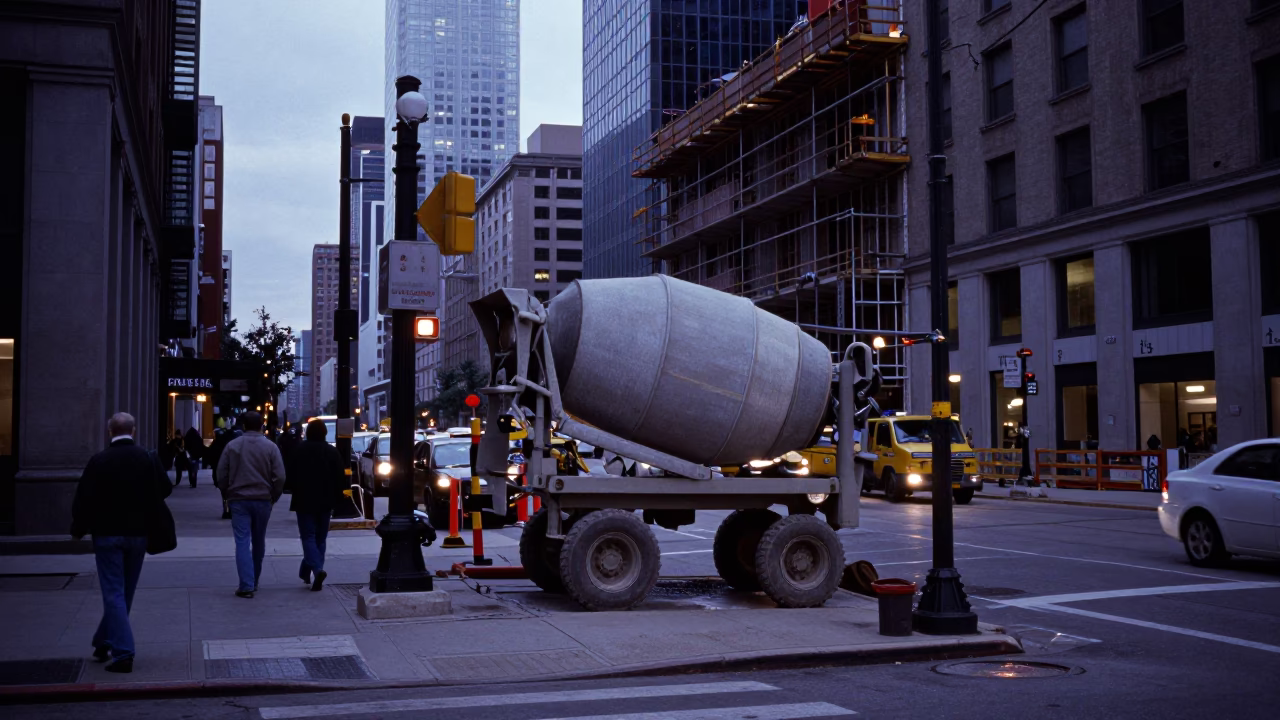 Busy Chicago Street Corner at Indigo Twilight with Construction and Street Food in in Chicago, Illinois, United States