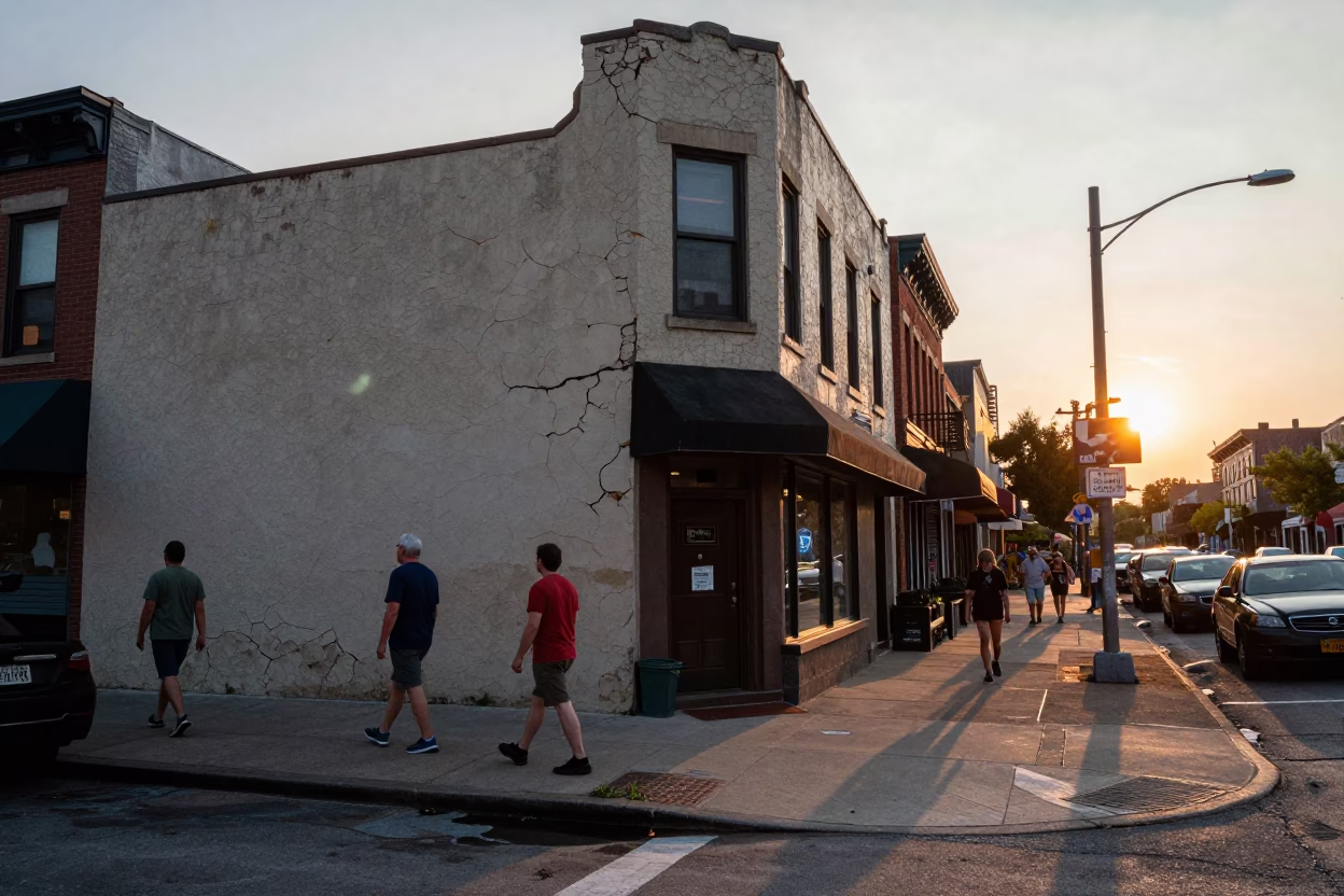Busy Chicago Street Corner at Sunset with Cracked Stucco and Urban Details in in Chicago, Illinois, United States