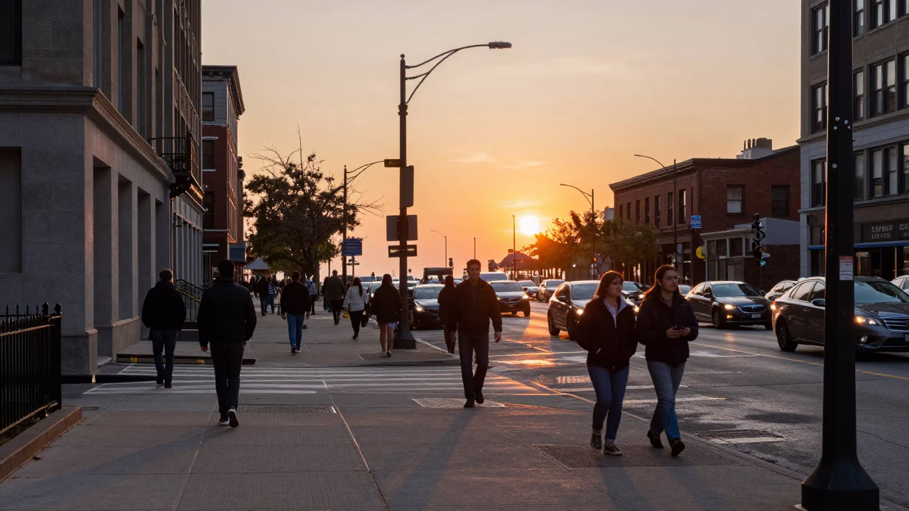 Busy Chicago Street Corner at Sunset with Fruit Knife and Devon Rex Cat in in Chicago, Illinois, United States