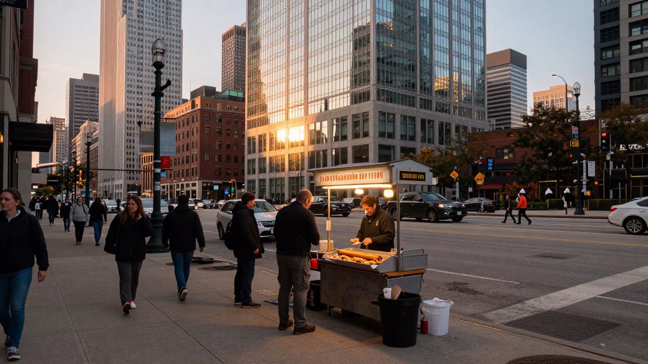 Busy Chicago Street Corner at Sunset with Local Vendor and Pedestrians in in Chicago, Illinois, United States