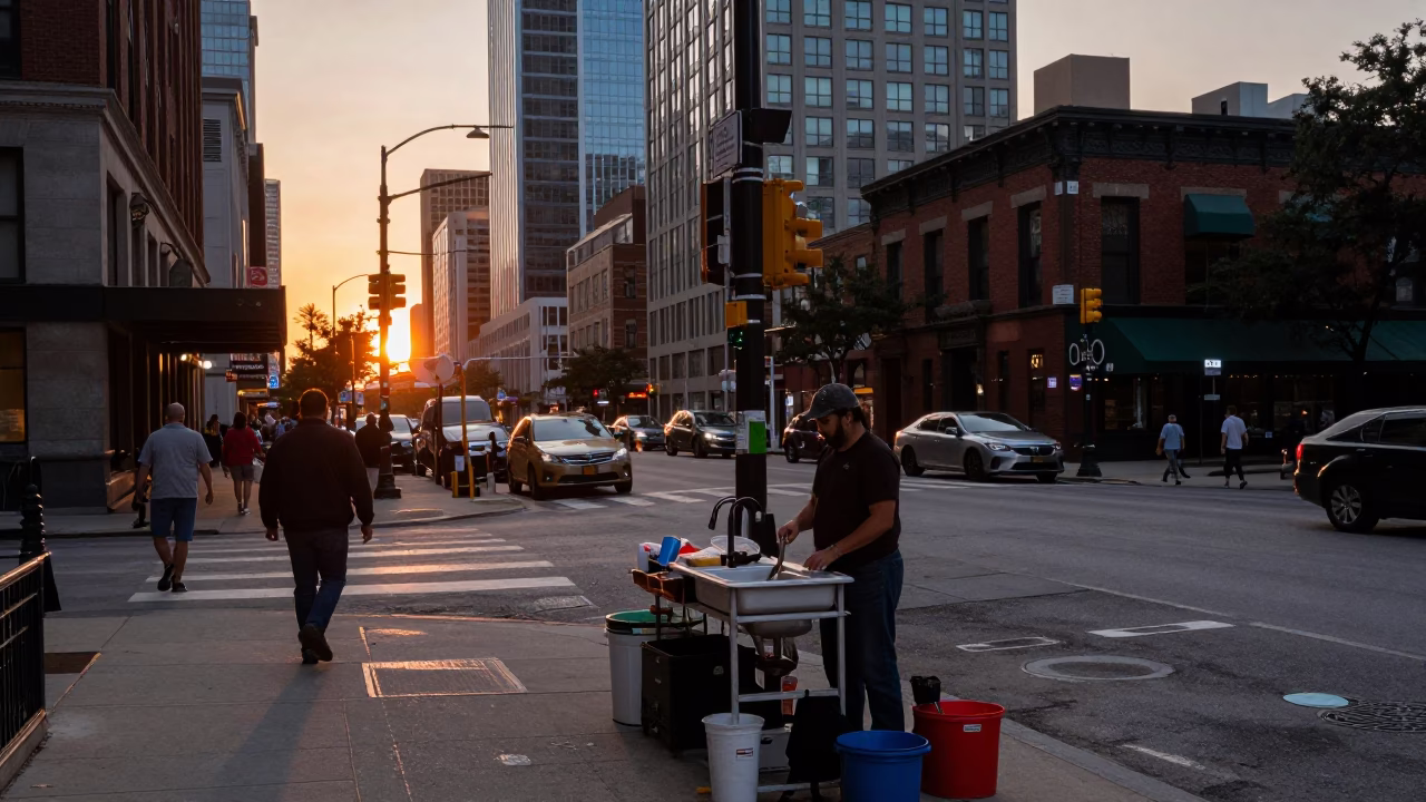 Busy Chicago Street Corner at Sunset with Sink and Peeler on Wooden Ruler in in Chicago, Illinois, United States